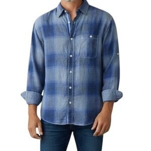 Bugatchi Uomo Linen Shirt Men L Shaped Fit Ombre Blue Plaid Roll tab Long Sleeve